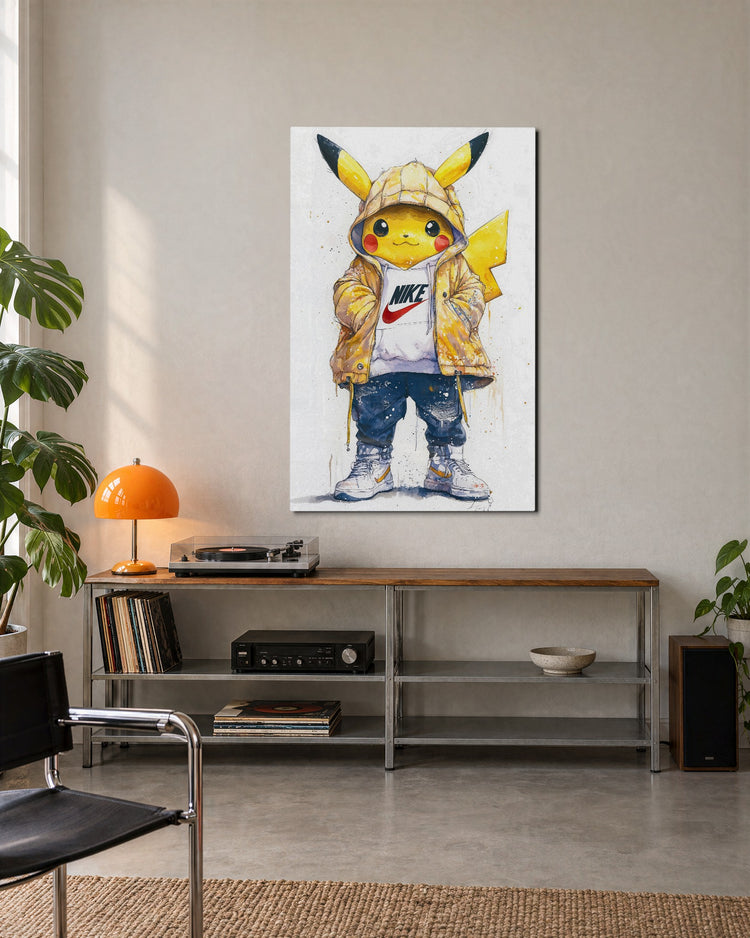 Yellow Critter in a Puffer glass wall art, lifestyle view
