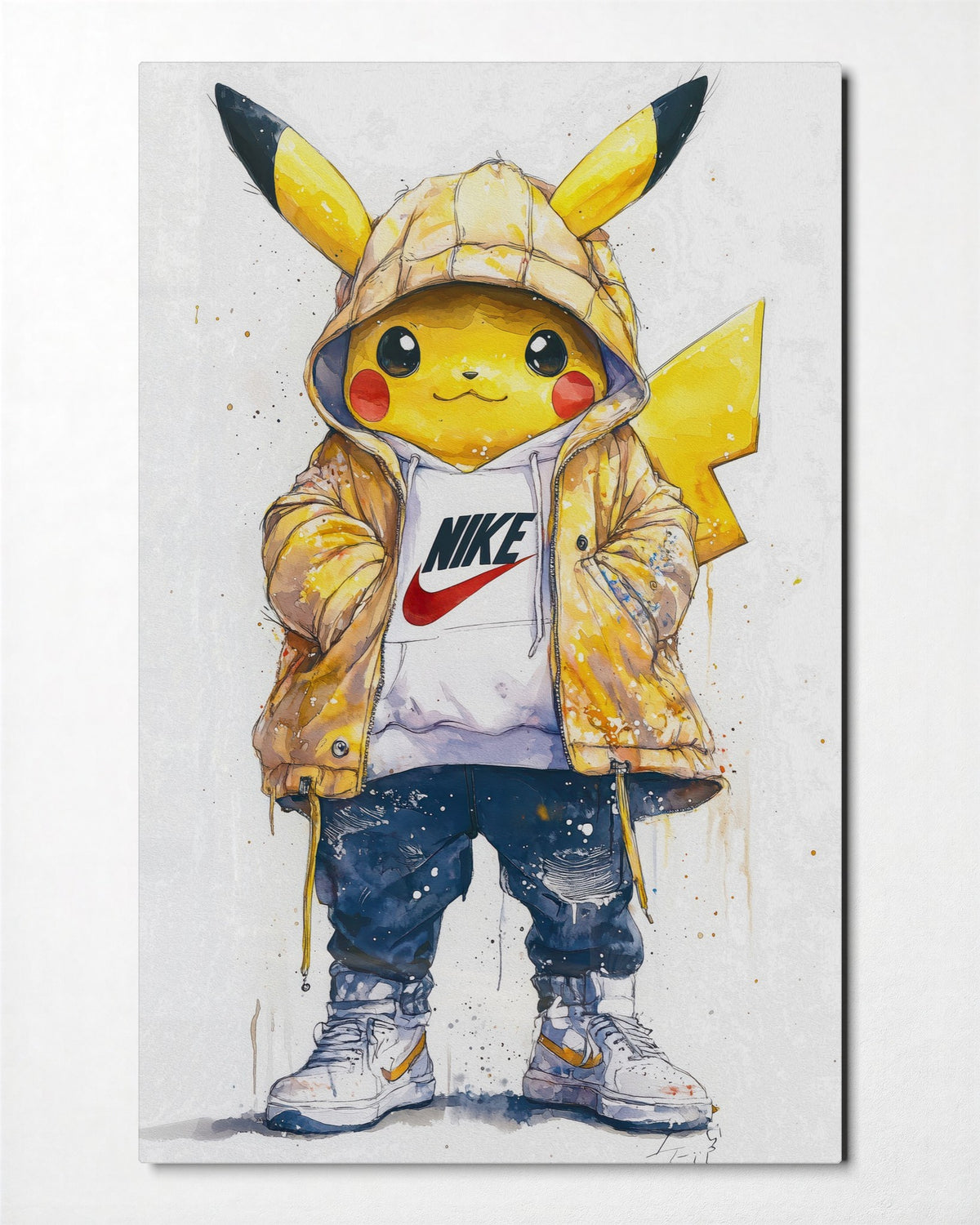 Yellow Critter in a Puffer glass wall art, front view