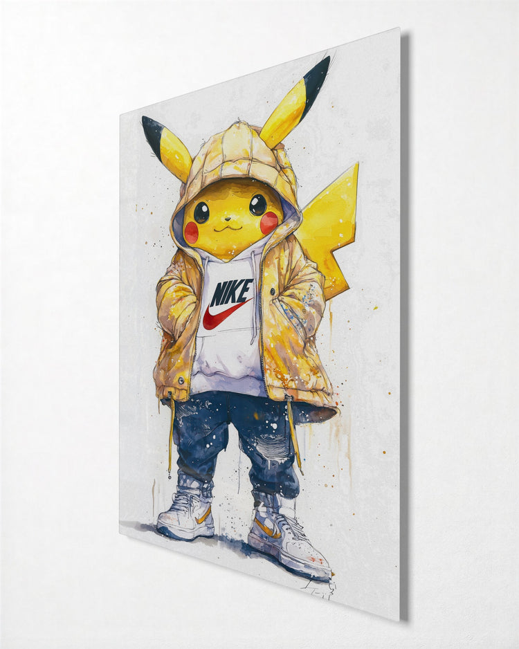 Yellow Critter in a Puffer glass wall art, side view