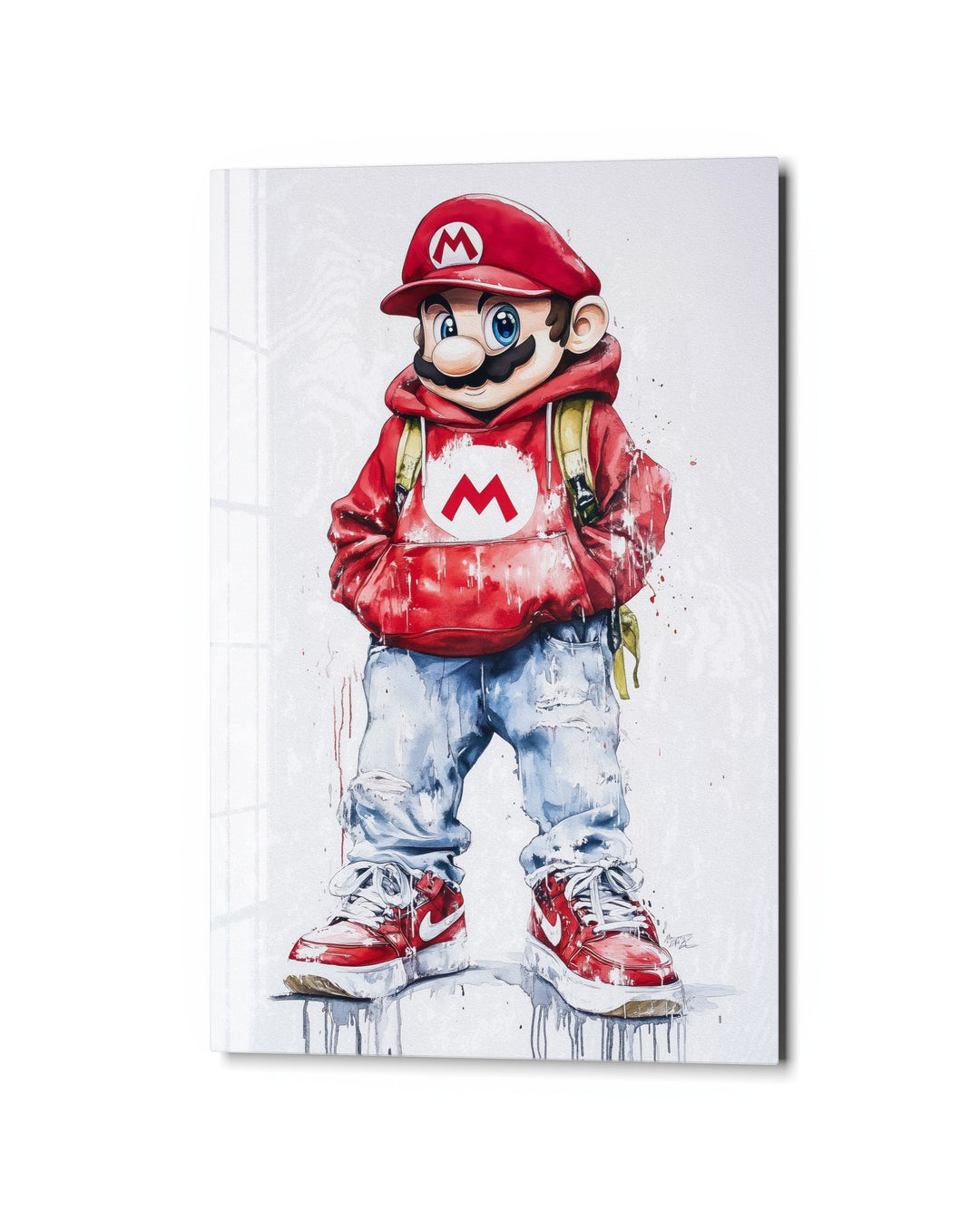 Plumber in a Red Hoodie glass wall art, studio view