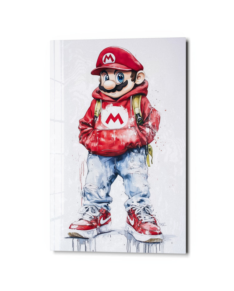 Plumber in a Red Hoodie glass wall art, studio view