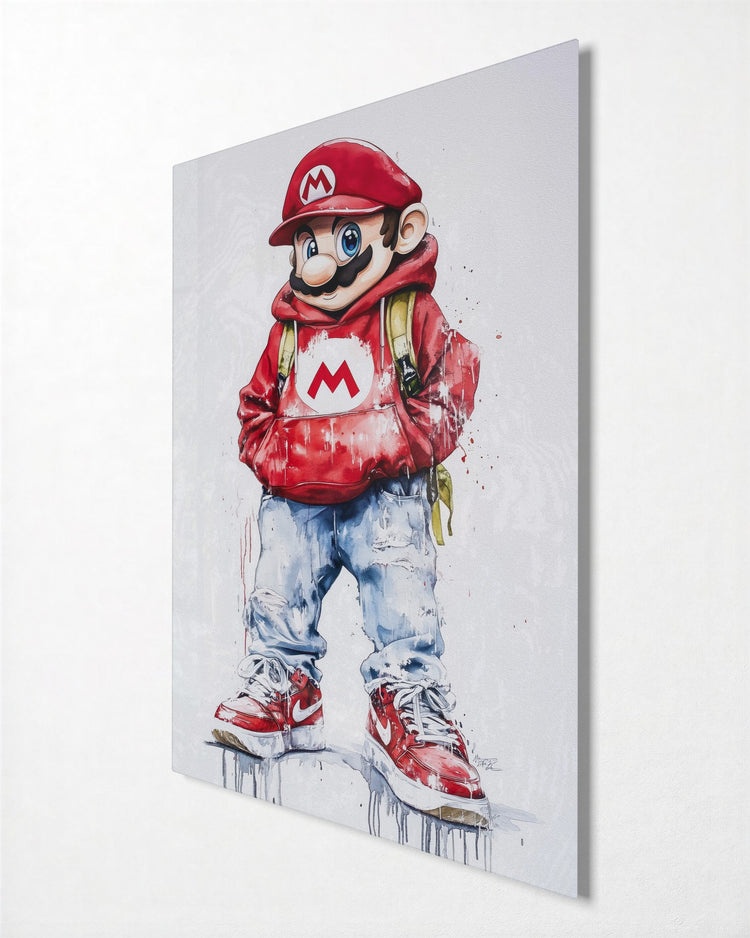 Plumber in a Red Hoodie glass wall art, side view