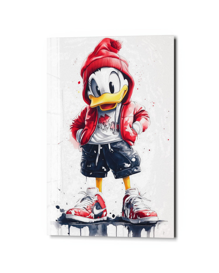 Duck in a Puffer Jacket glass wall art, studio view