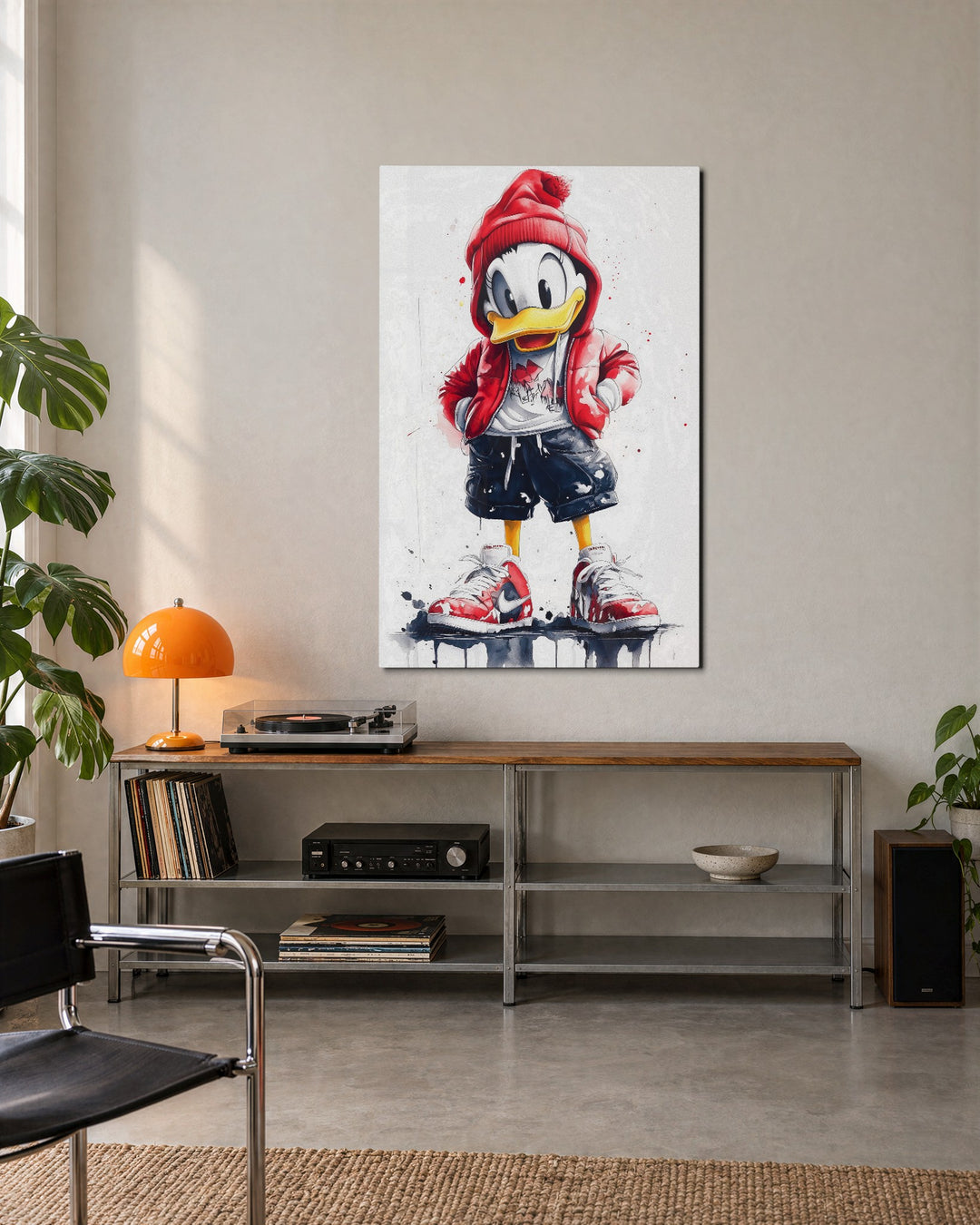 Duck in a Puffer Jacket glass wall art, lifestyle view