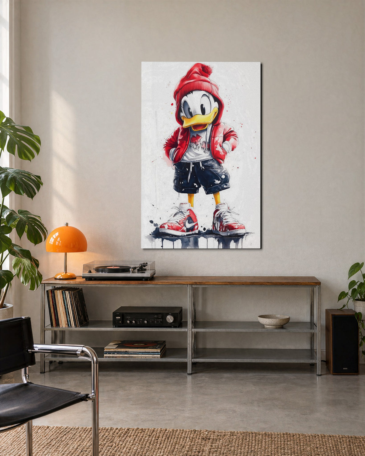 Duck in a Puffer Jacket glass wall art, lifestyle view