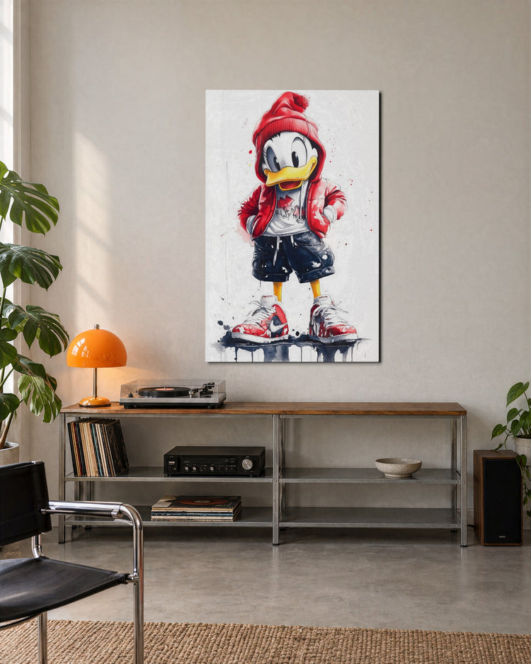Duck in a Puffer Jacket glass wall art, lifestyle view