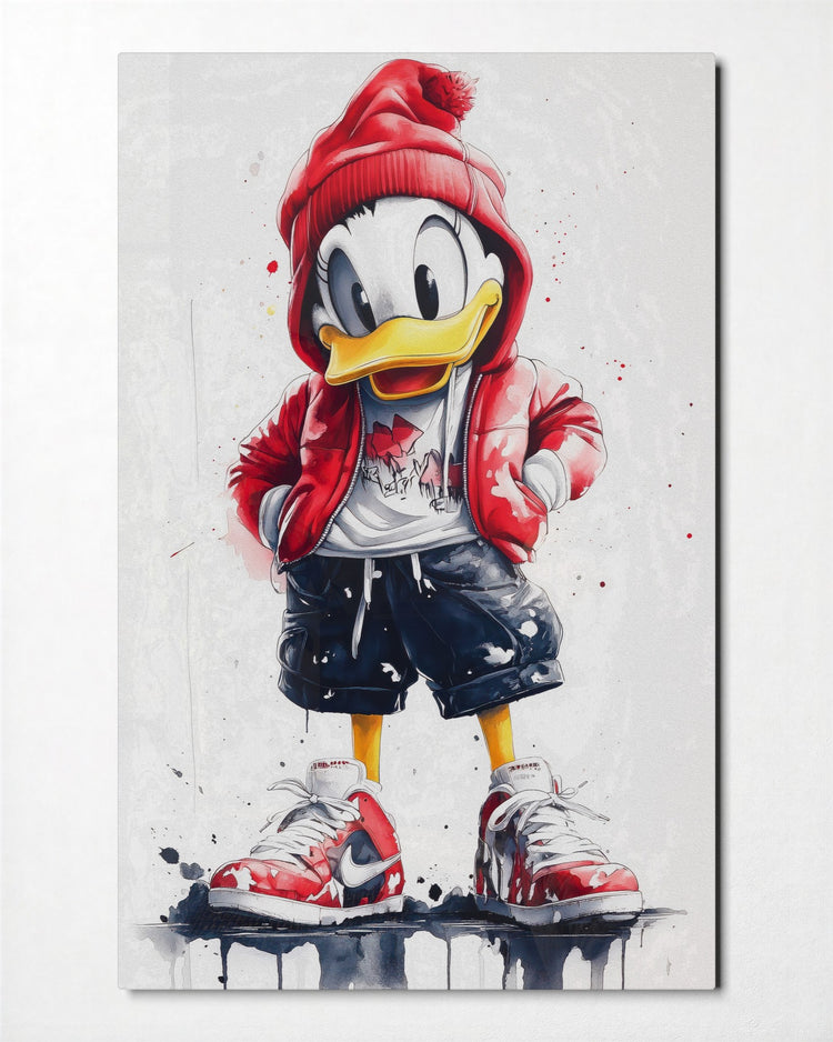 Duck in a Puffer Jacket glass wall art, front view