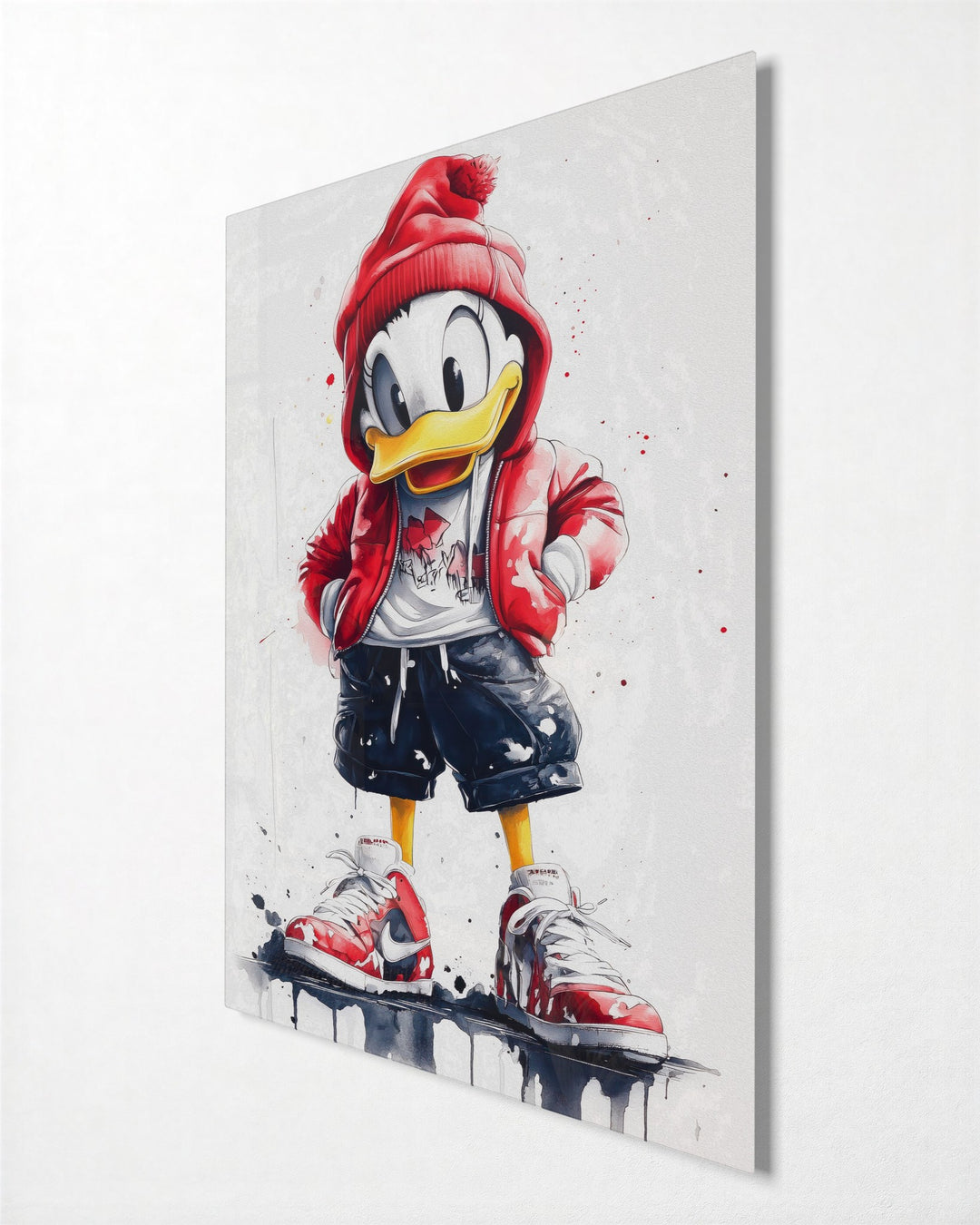 Duck in a Puffer Jacket glass wall art, side view