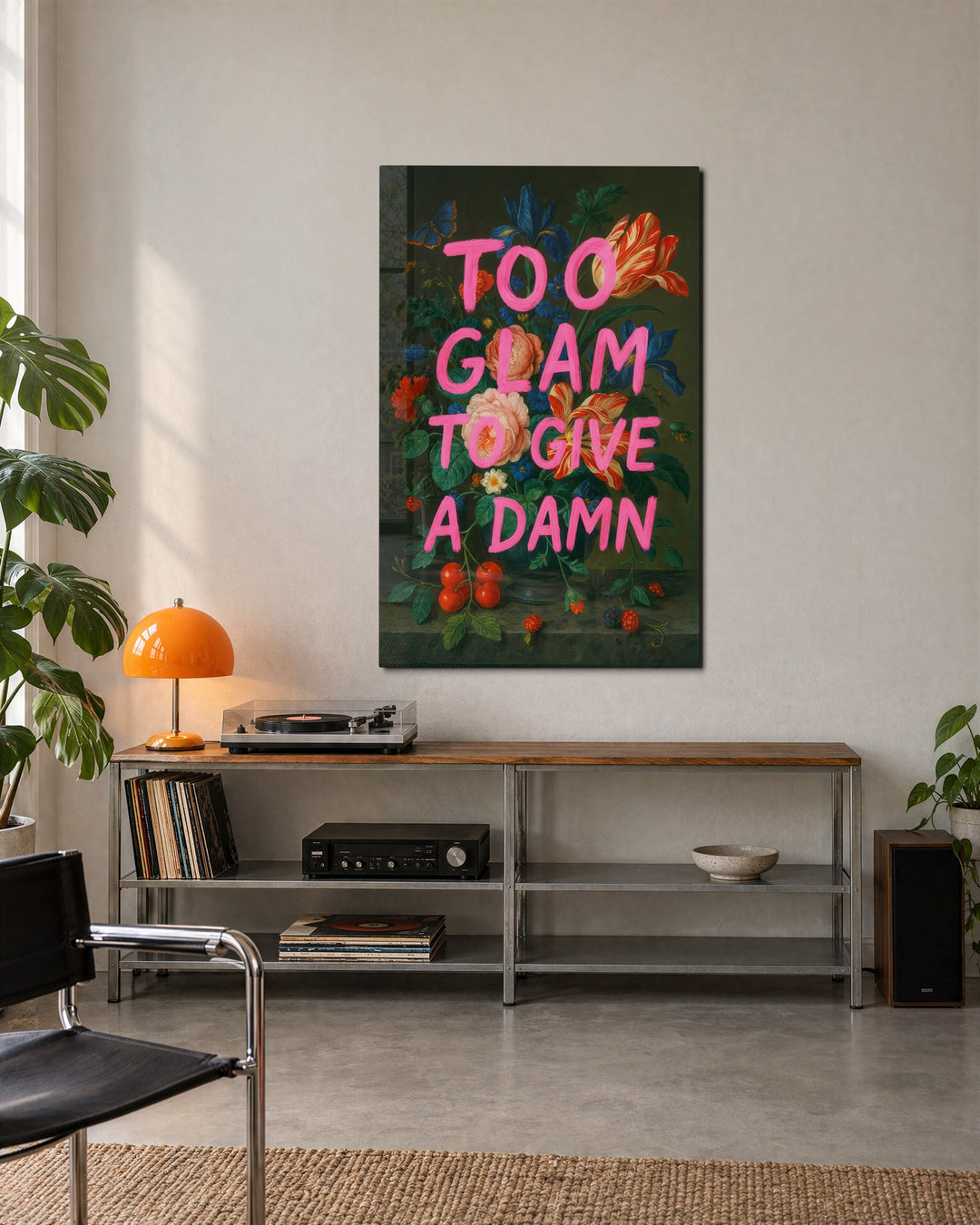 Too Glam Over Flowers glass wall art, lifestyle view