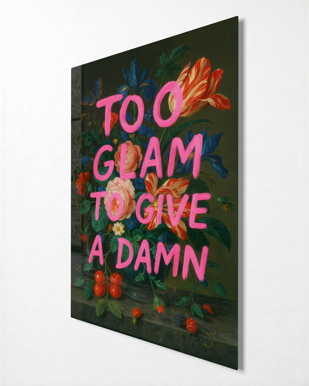 Too Glam Over Flowers glass wall art, side view
