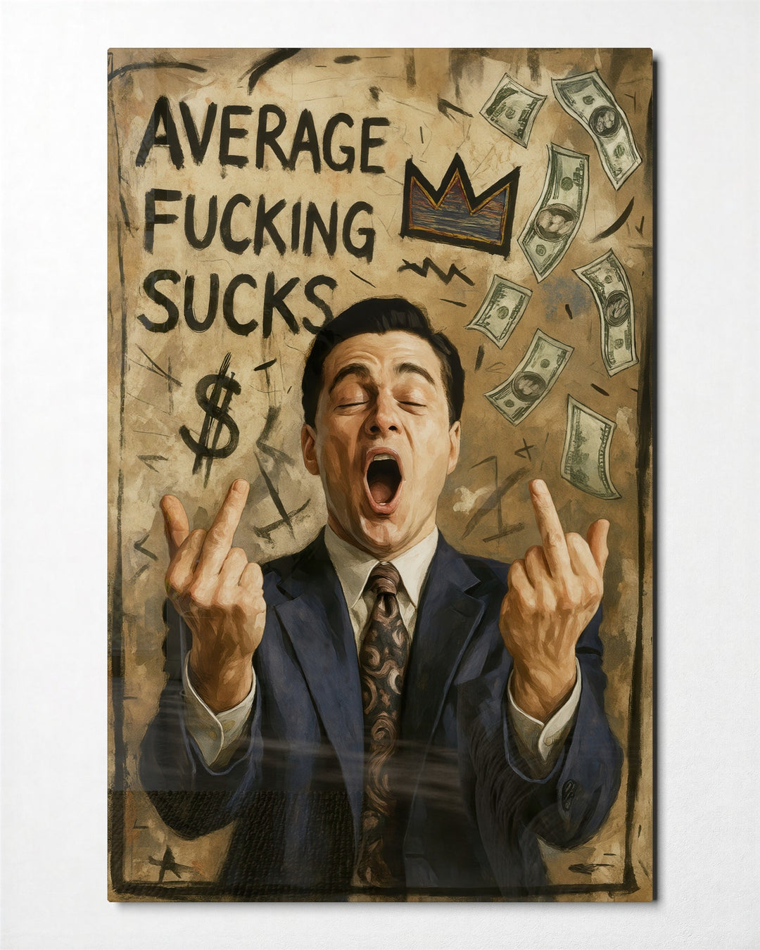 Loud About Average glass wall art, front view