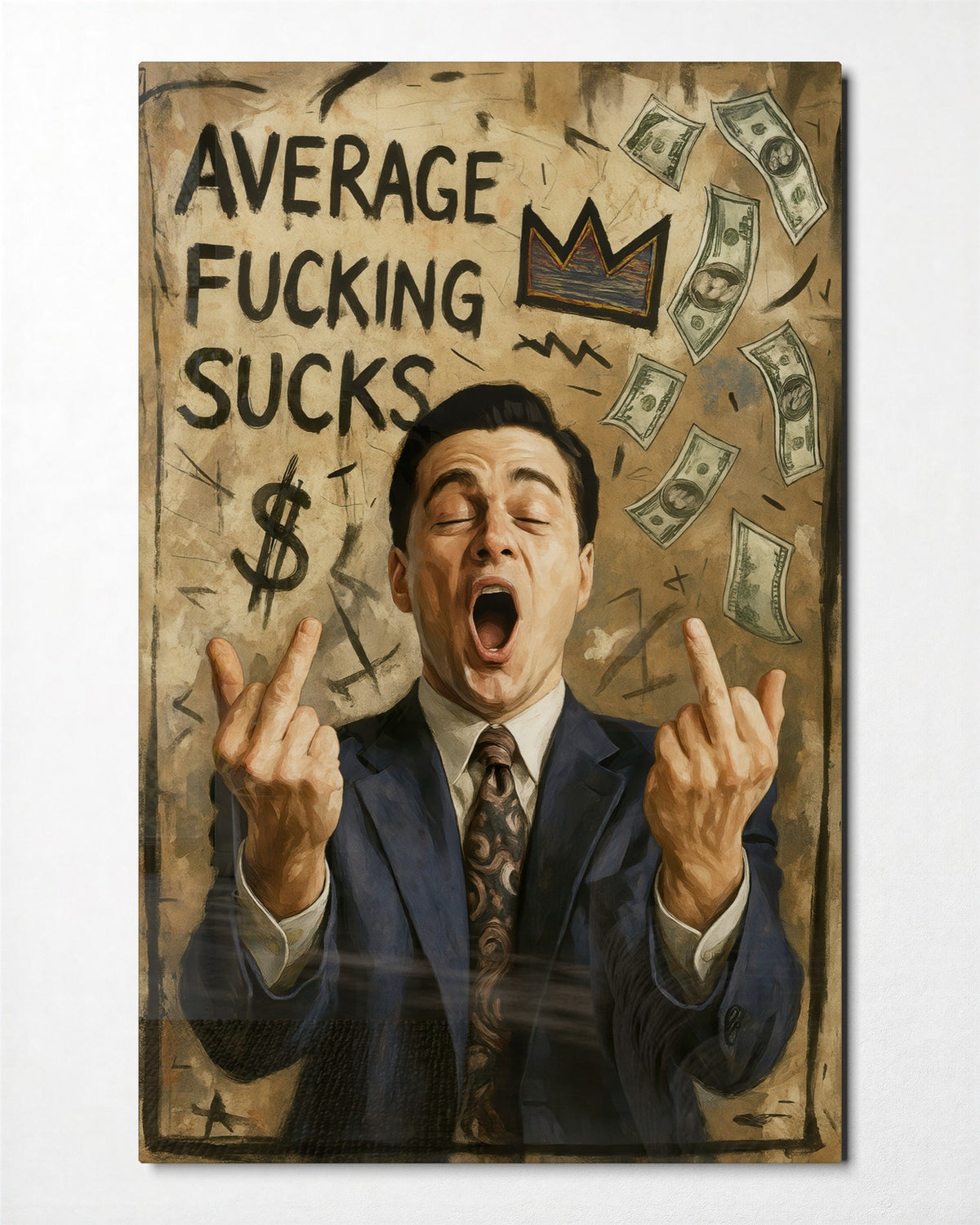 Loud About Average glass wall art, front view