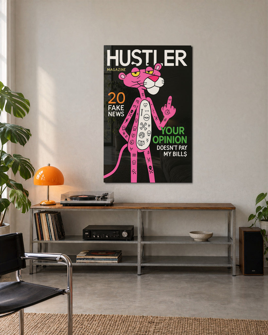 Pink Cat on a Mock Cover glass wall art, lifestyle view