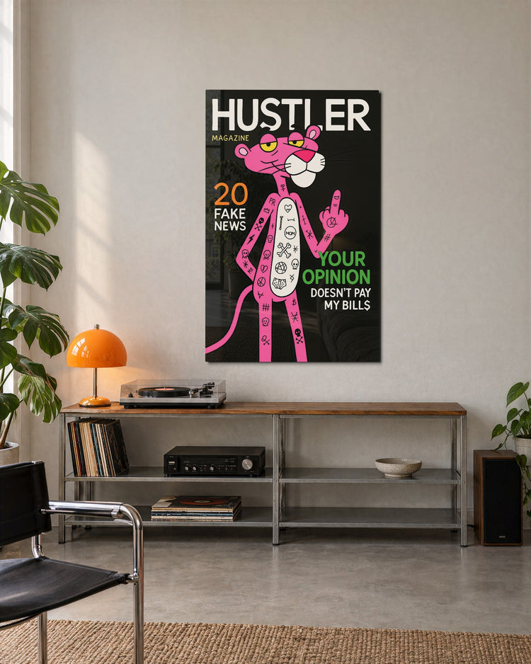 Pink Cat on a Mock Cover glass wall art, lifestyle view