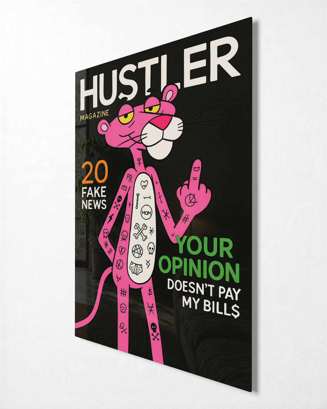 Pink Cat on a Mock Cover glass wall art, side view