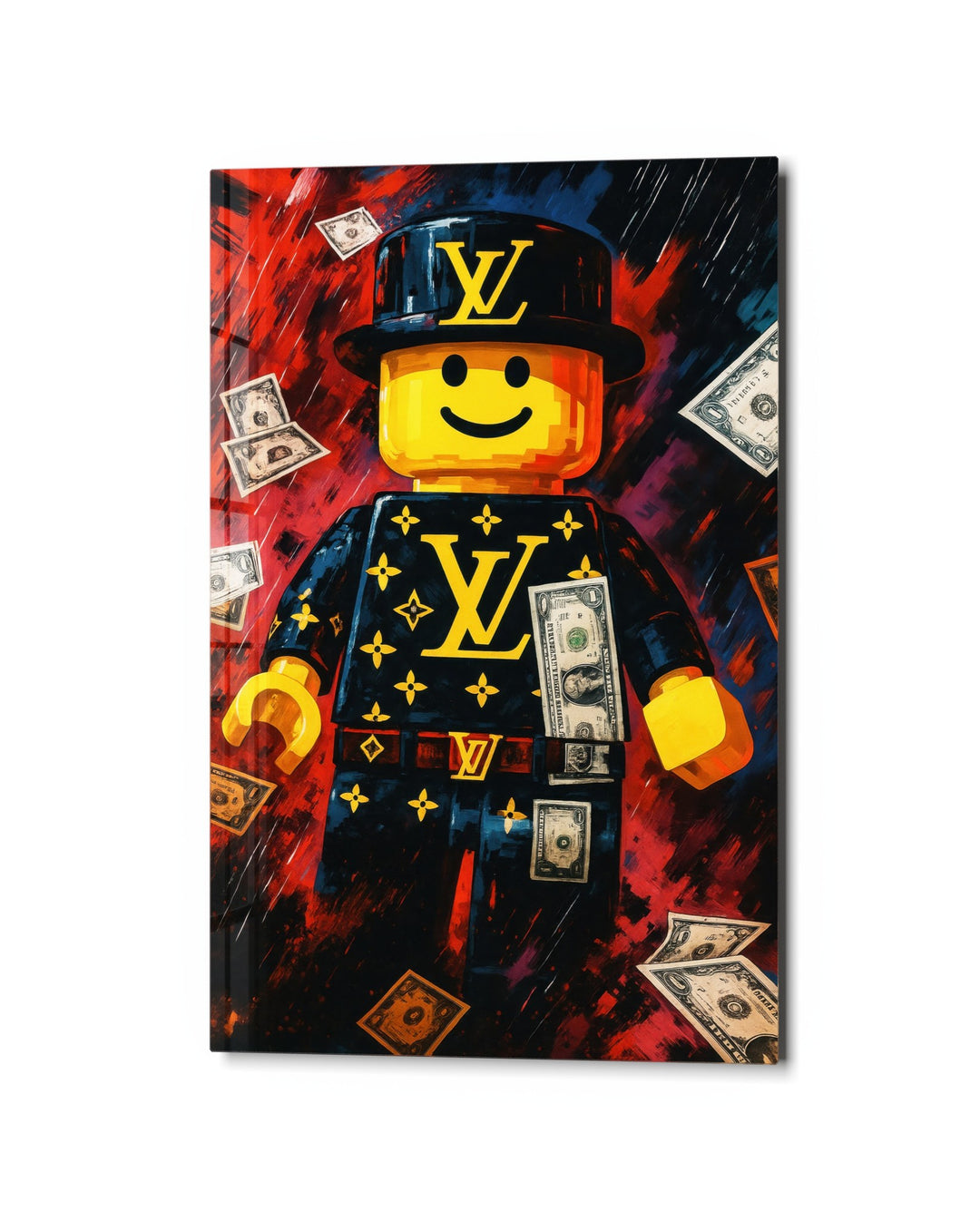 Toy Brick Figure With Cash glass wall art, studio view