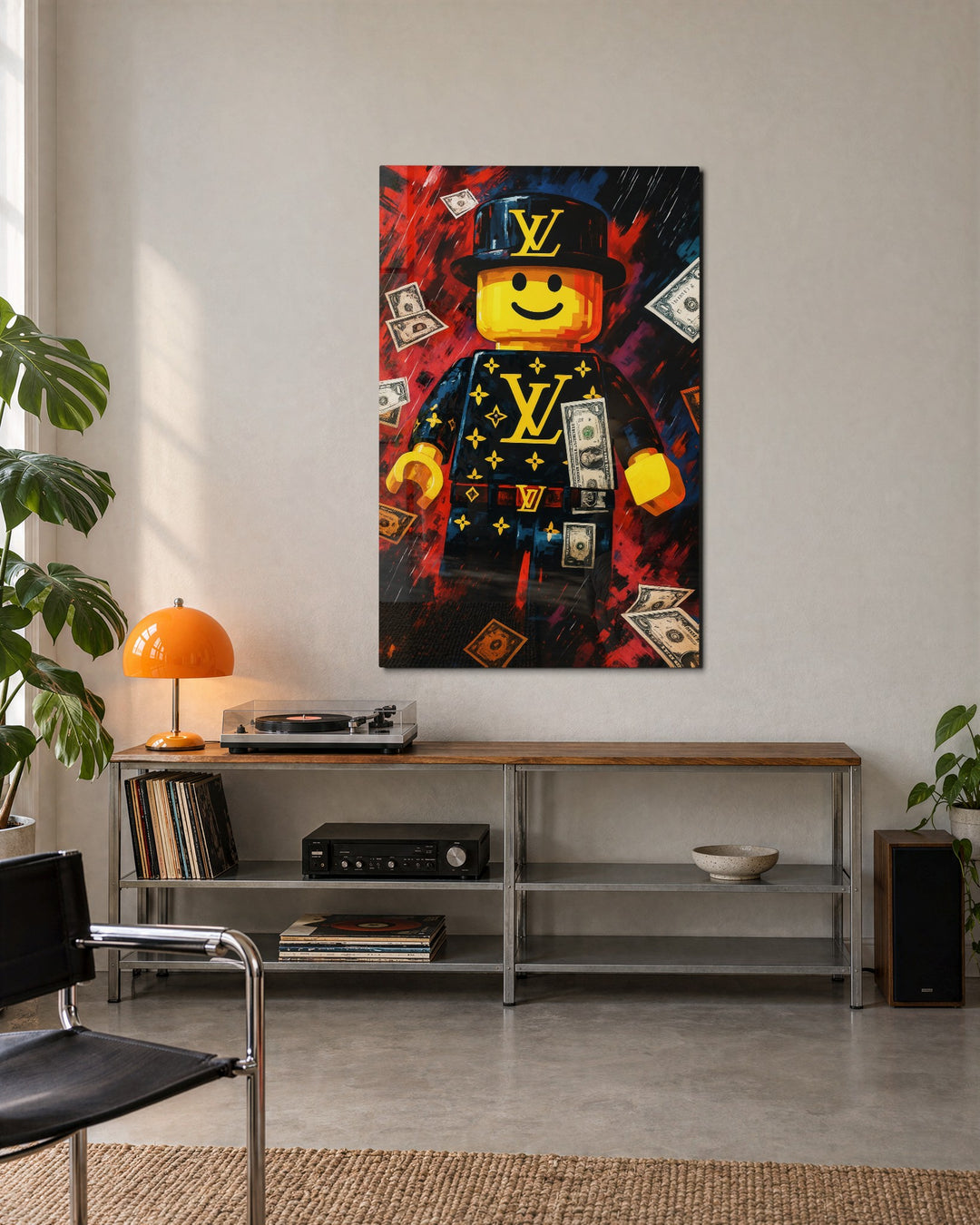 Toy Brick Figure With Cash glass wall art, lifestyle view
