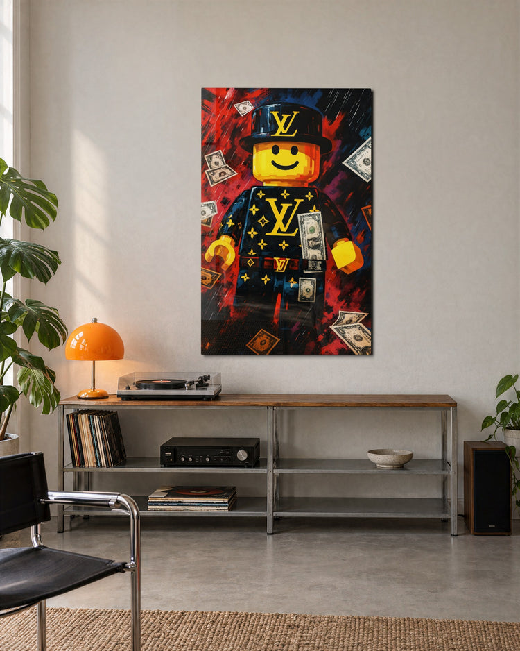 Toy Brick Figure With Cash glass wall art, lifestyle view