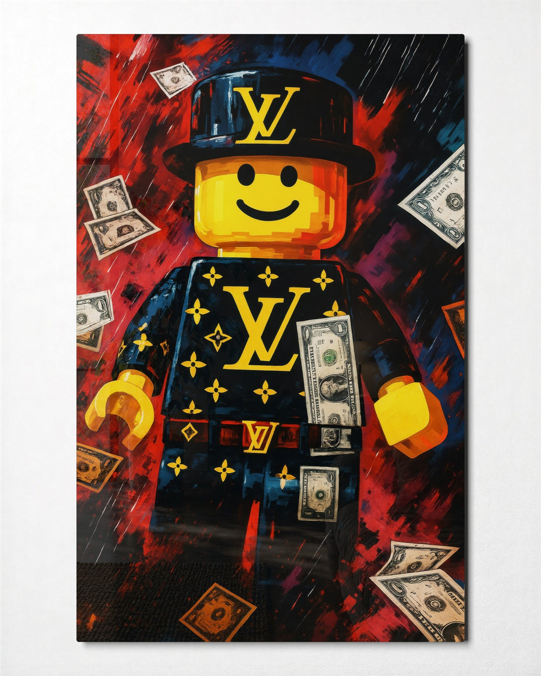 Toy Brick Figure With Cash glass wall art, front view