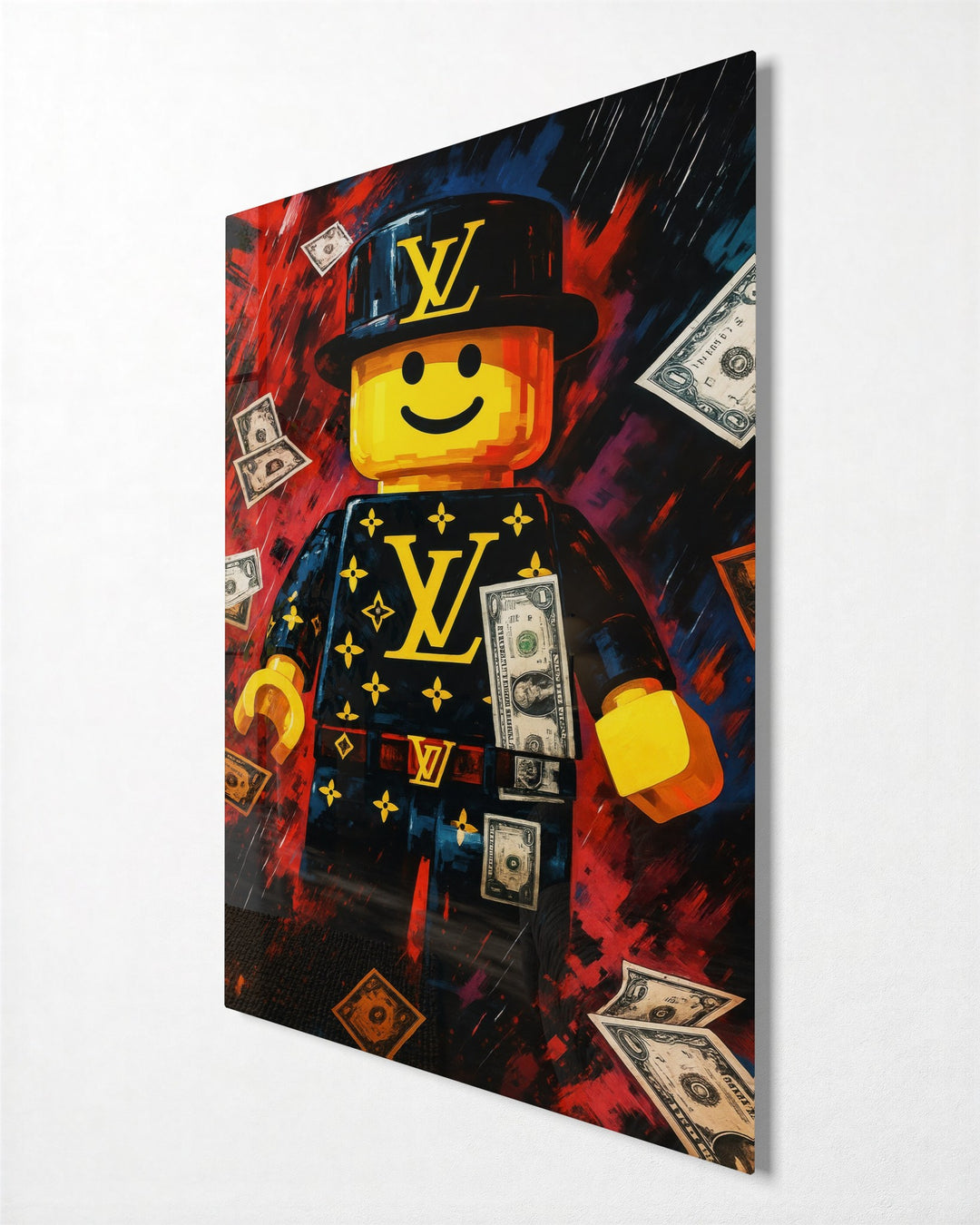 Toy Brick Figure With Cash glass wall art, side view