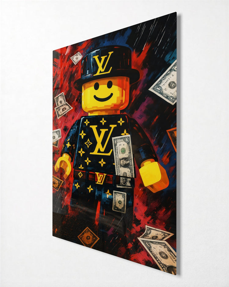 Toy Brick Figure With Cash glass wall art, side view