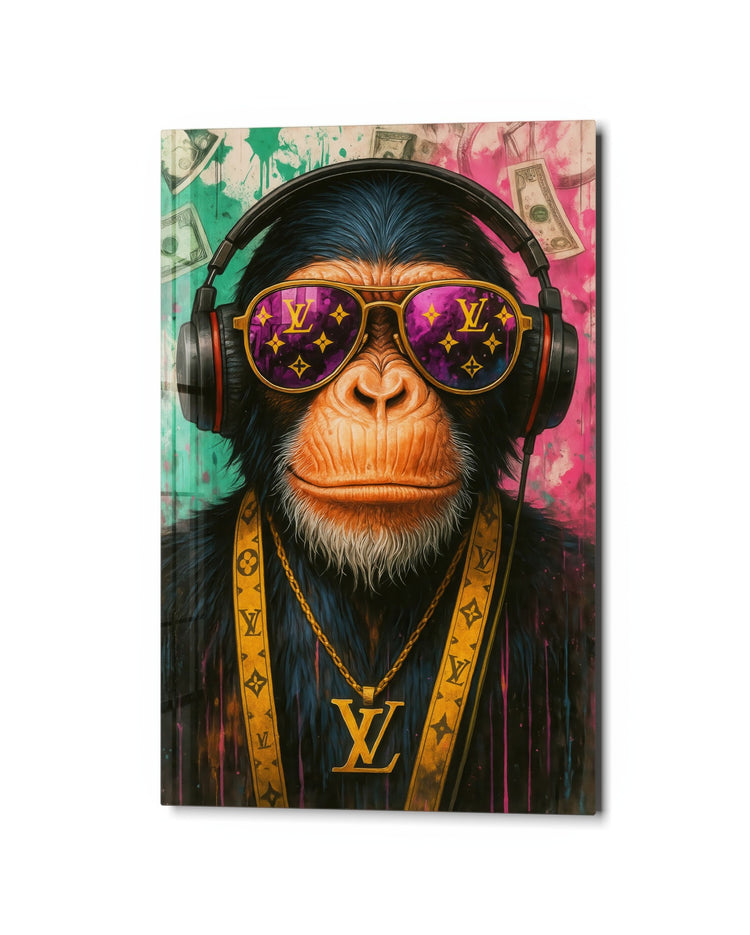 Chimp in Gold Chains glass wall art, studio view