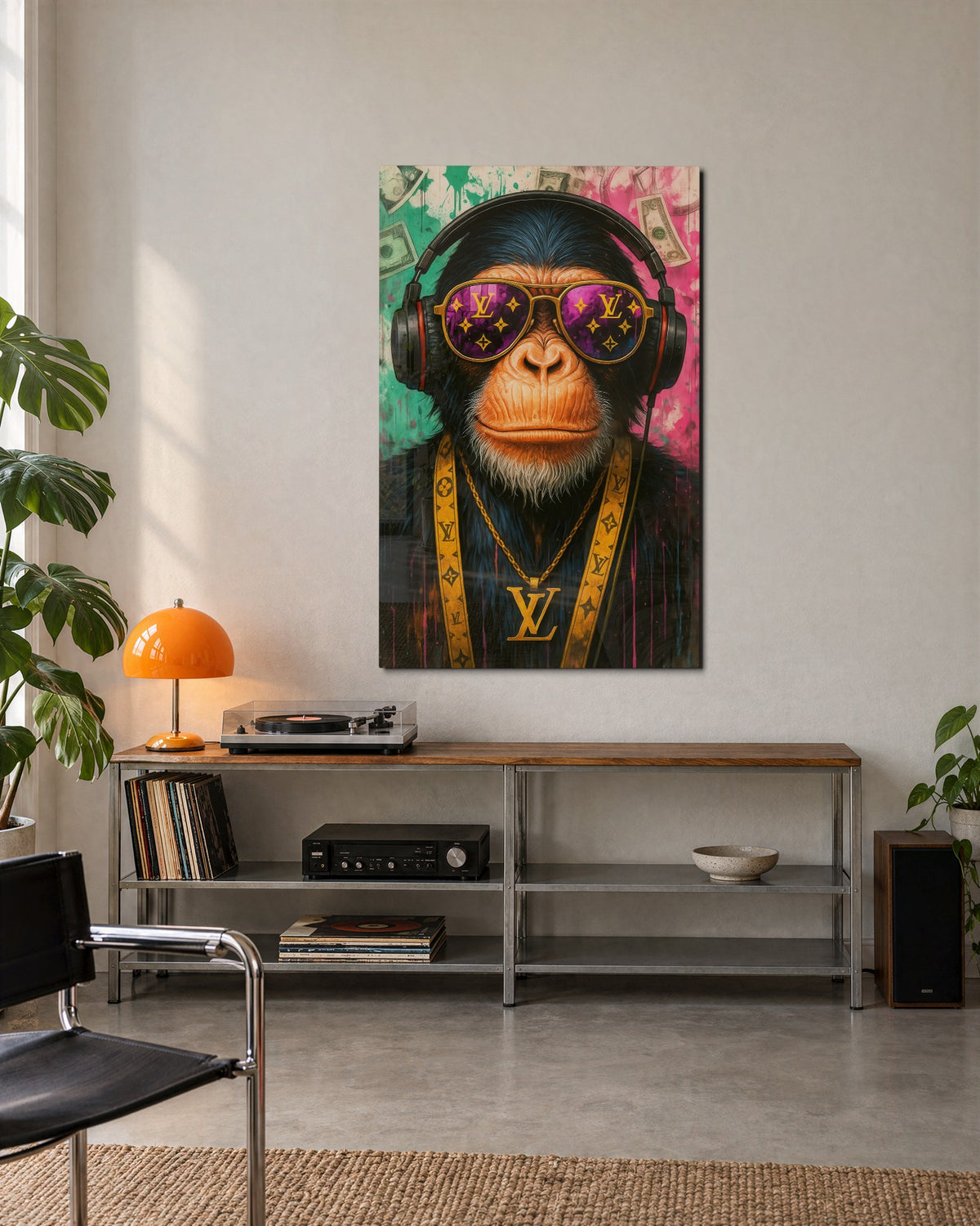 Chimp in Gold Chains glass wall art, lifestyle view