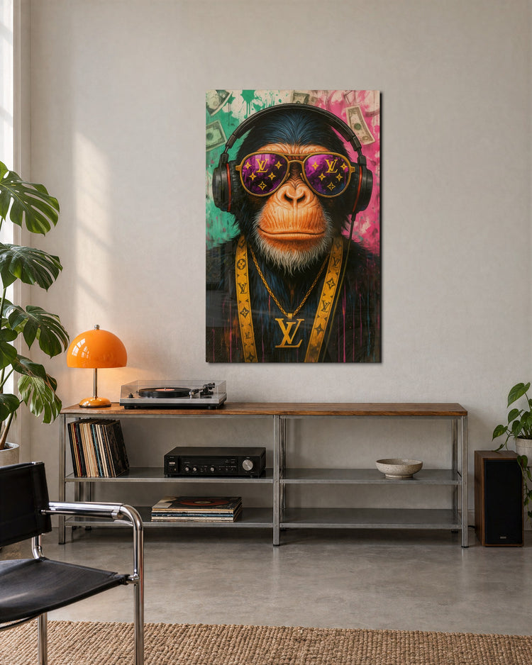 Chimp in Gold Chains glass wall art, lifestyle view