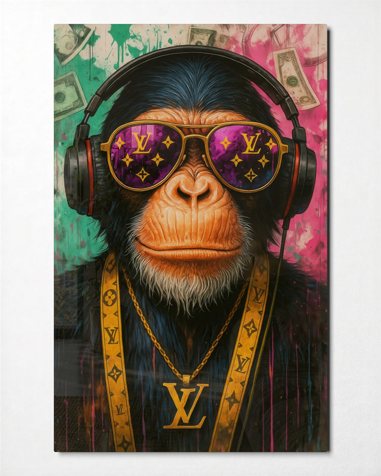 Chimp in Gold Chains glass wall art, front view
