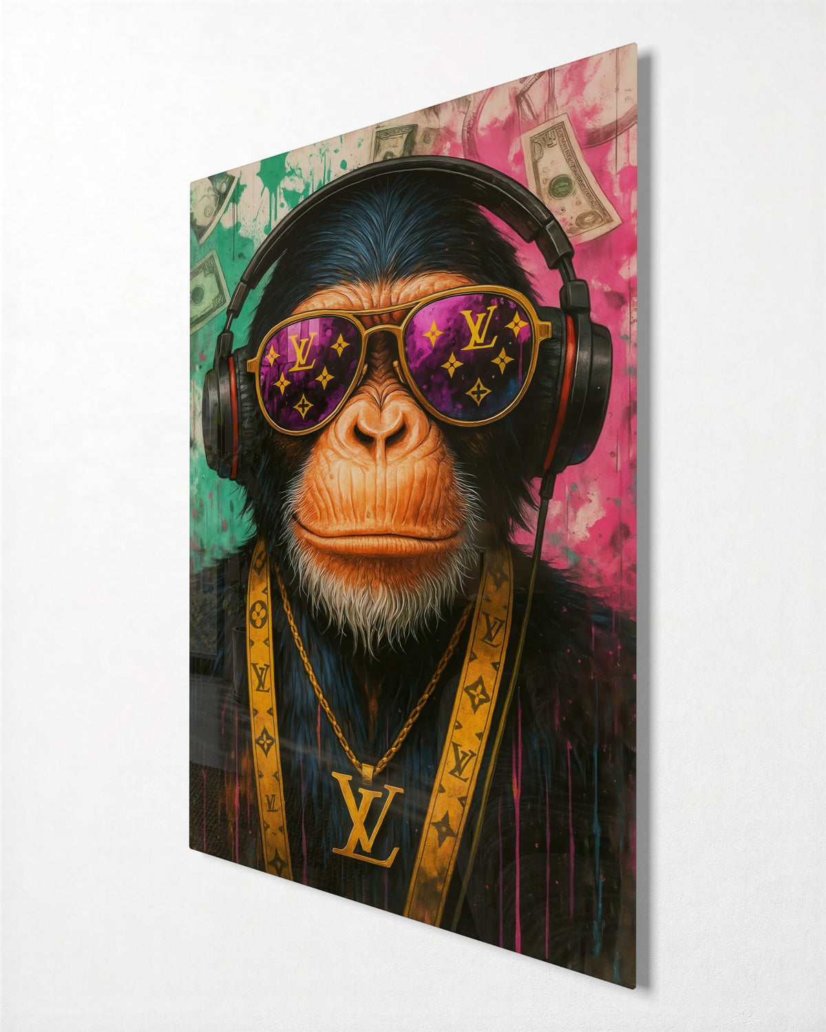 Chimp in Gold Chains glass wall art, side view