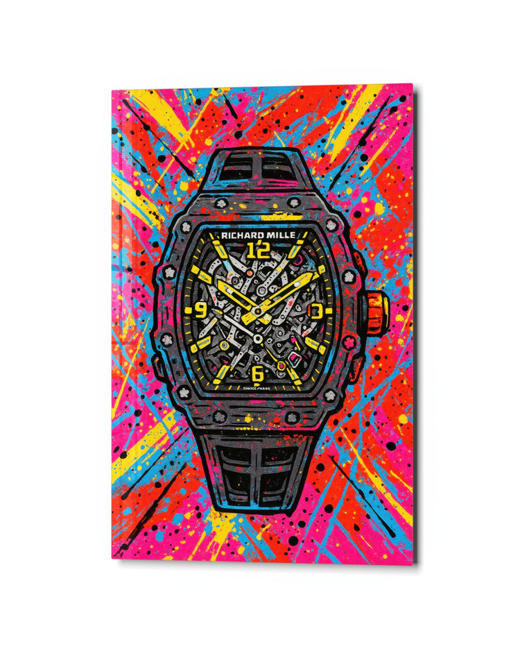 Skeleton Watch Explosion glass wall art, studio view