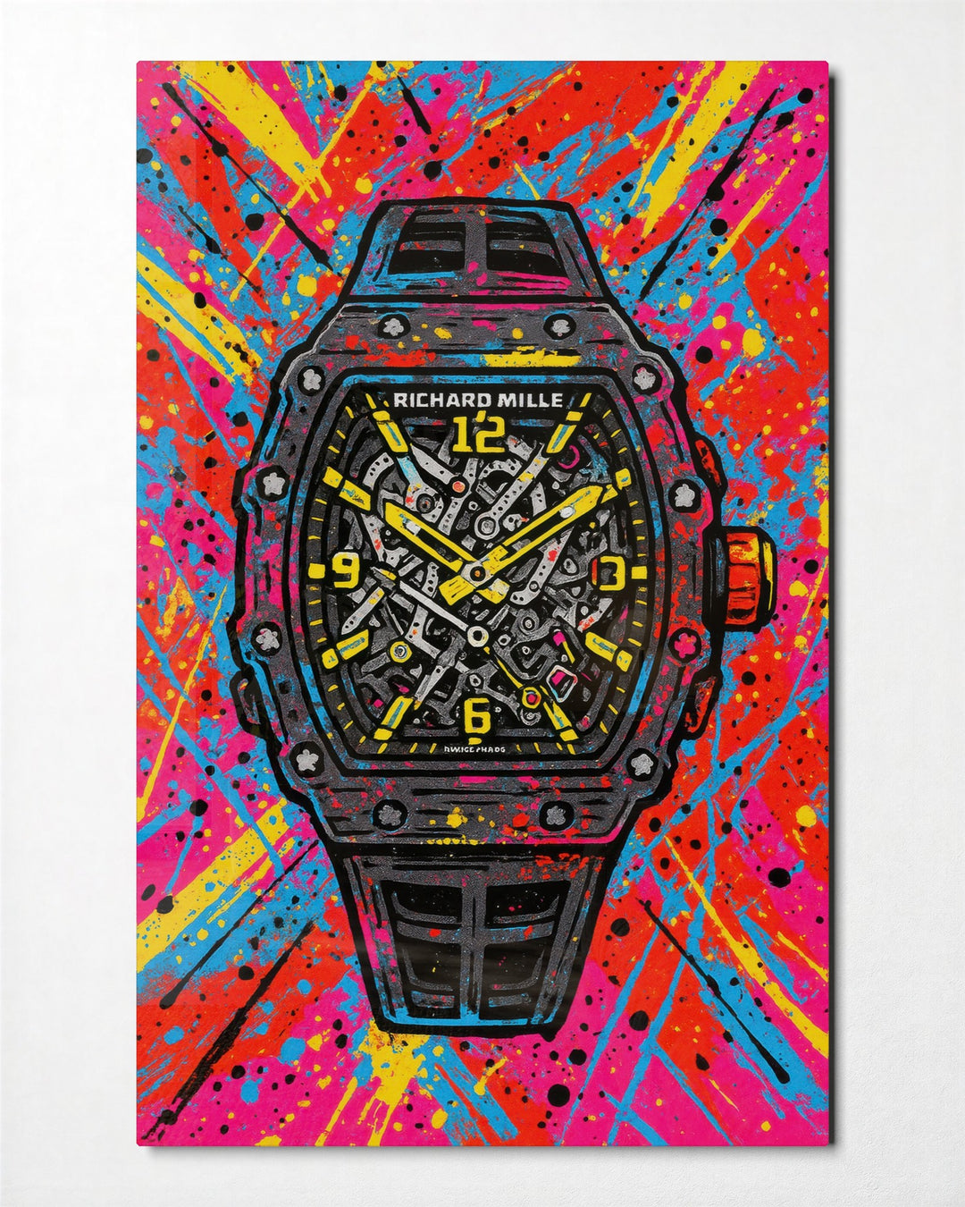 Skeleton Watch Explosion glass wall art, front view