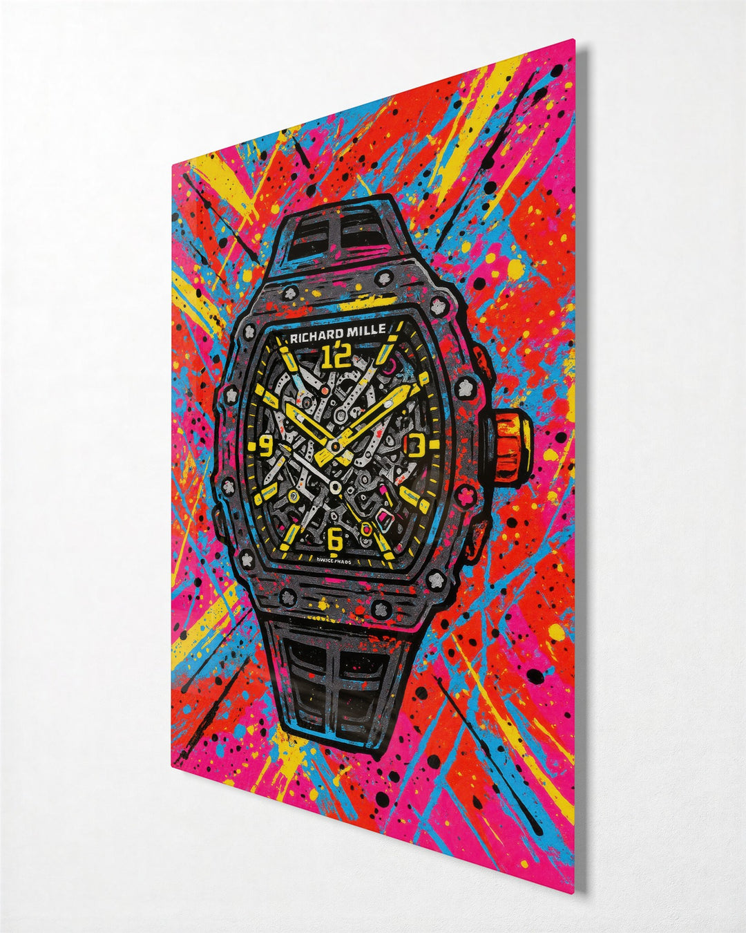 Skeleton Watch Explosion glass wall art, side view