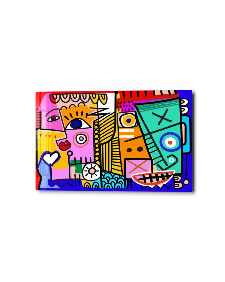 Pop Faces in Color Blocks glass wall art, studio view