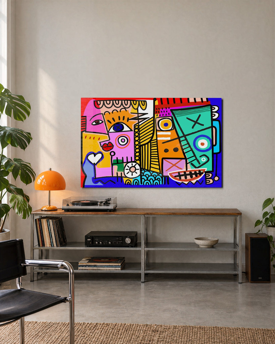 Pop Faces in Color Blocks glass wall art, lifestyle view