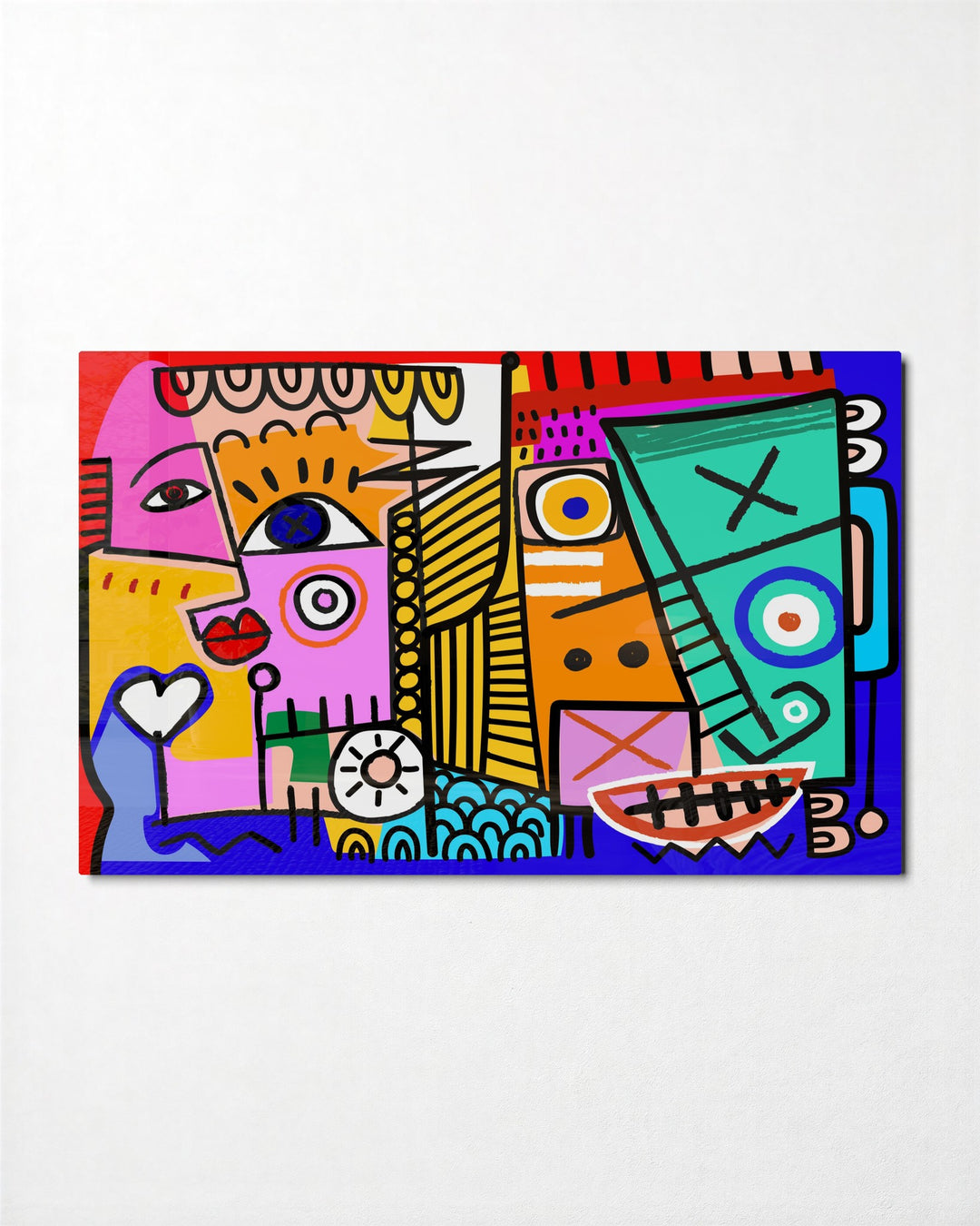 Pop Faces in Color Blocks glass wall art, front view