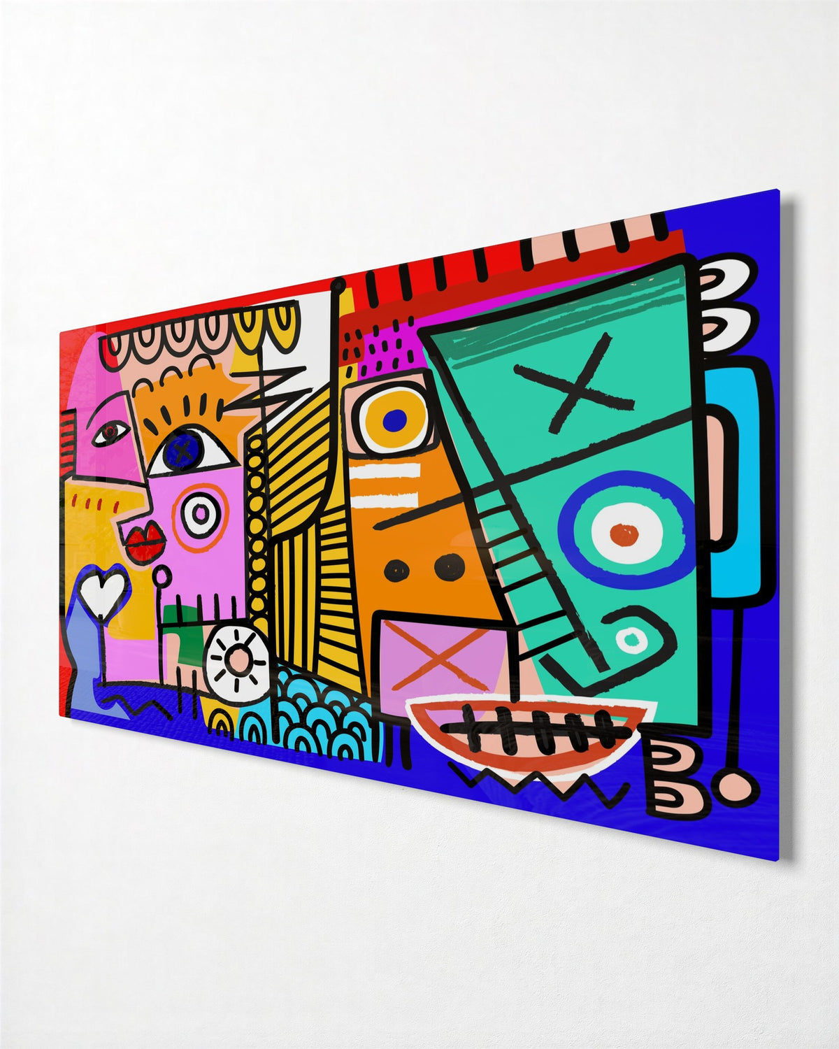 Pop Faces in Color Blocks glass wall art, side view