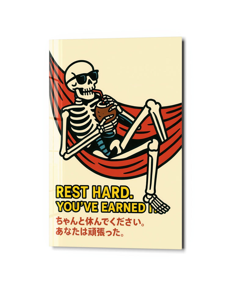 Skeleton in a Hammock glass wall art, studio view