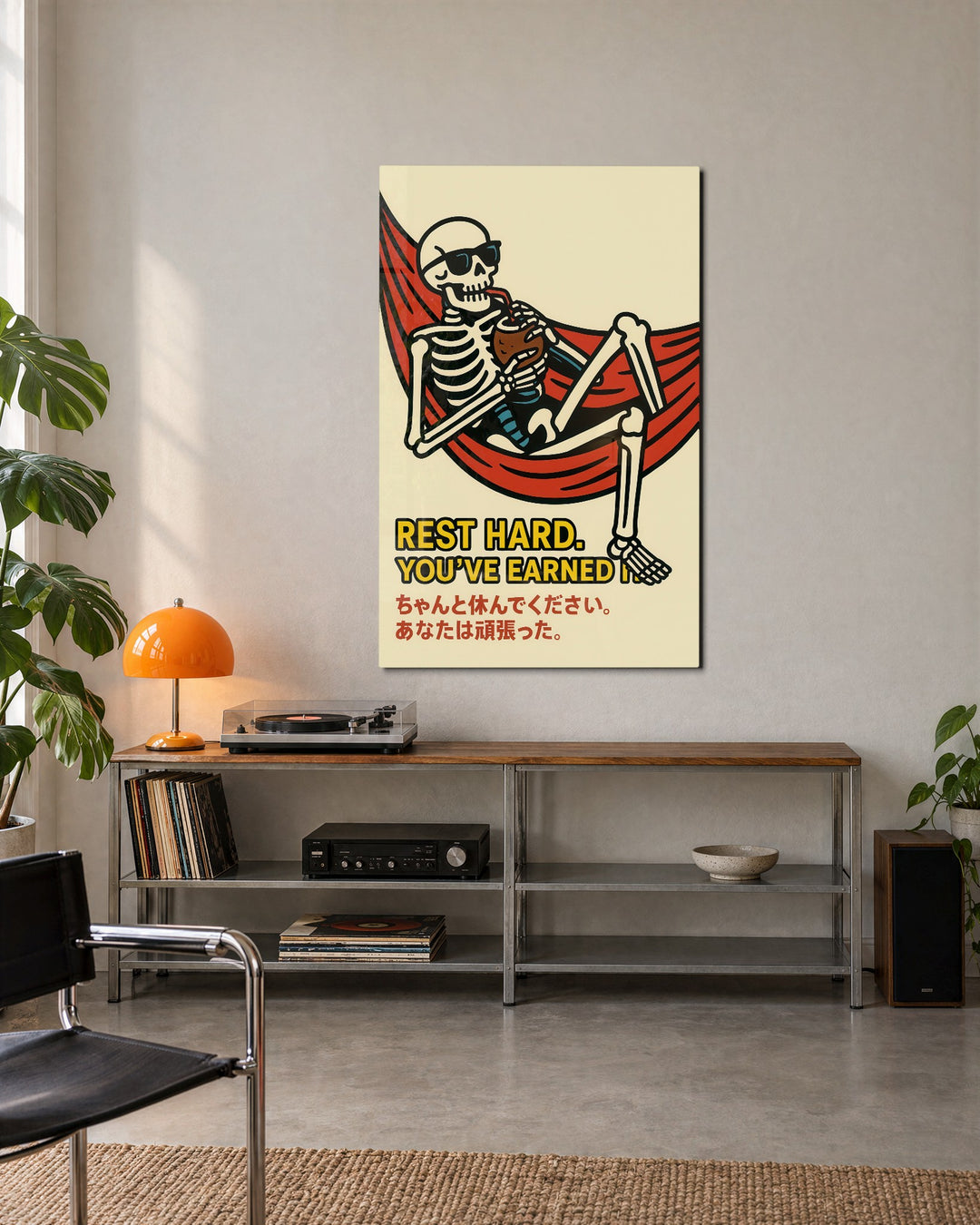 Skeleton in a Hammock glass wall art, lifestyle view
