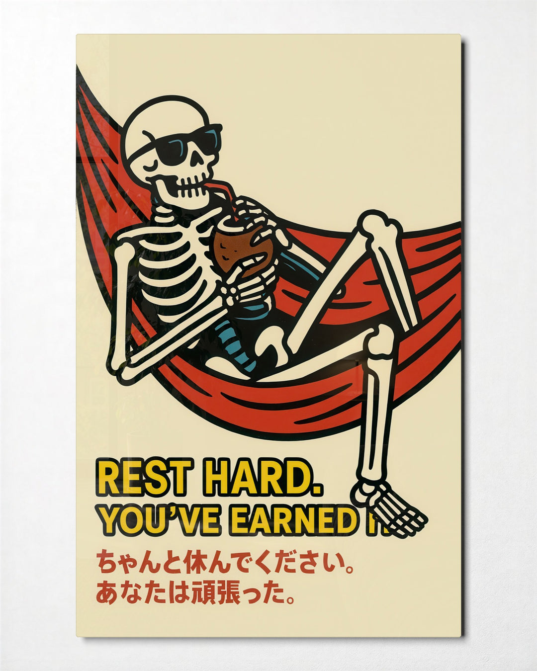 Skeleton in a Hammock glass wall art, front view