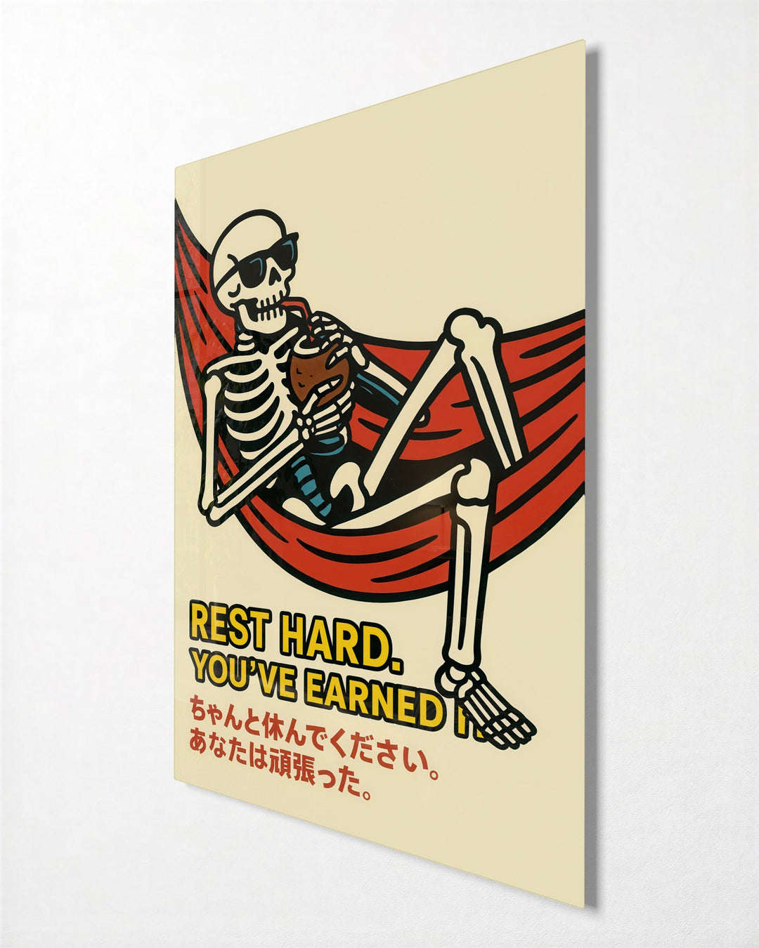 Skeleton in a Hammock glass wall art, side view