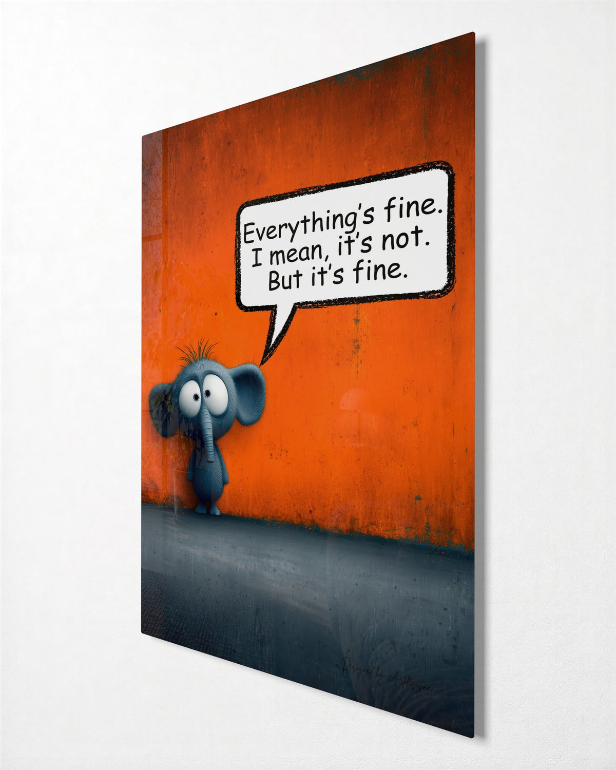 Everything's Fine Elephant glass wall art, side view