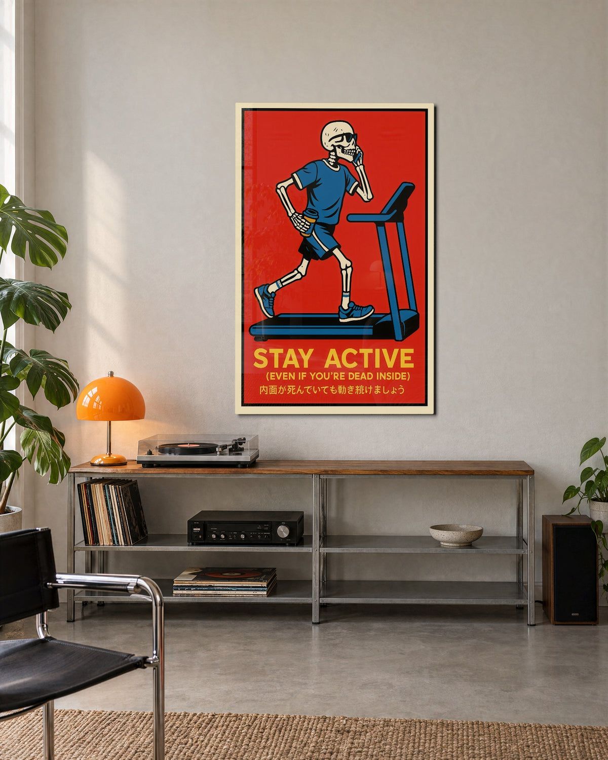 Skeleton on a Treadmill glass wall art, lifestyle view