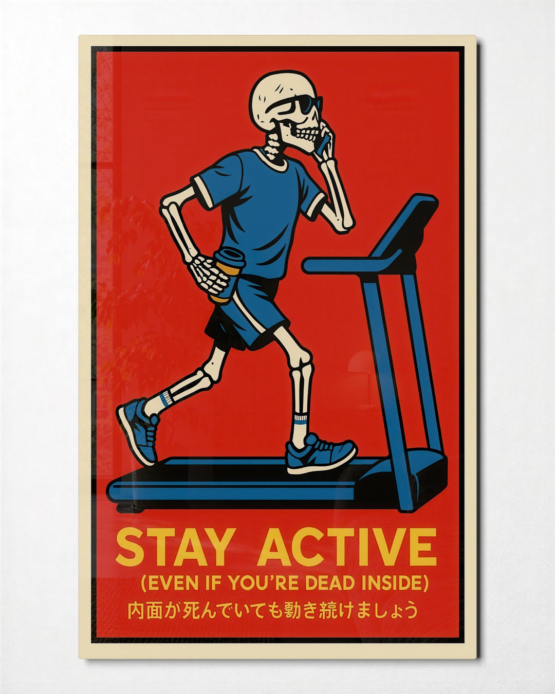 Skeleton on a Treadmill glass wall art, front view
