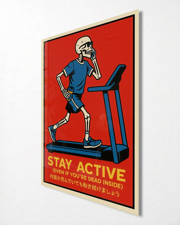 Skeleton on a Treadmill glass wall art, side view