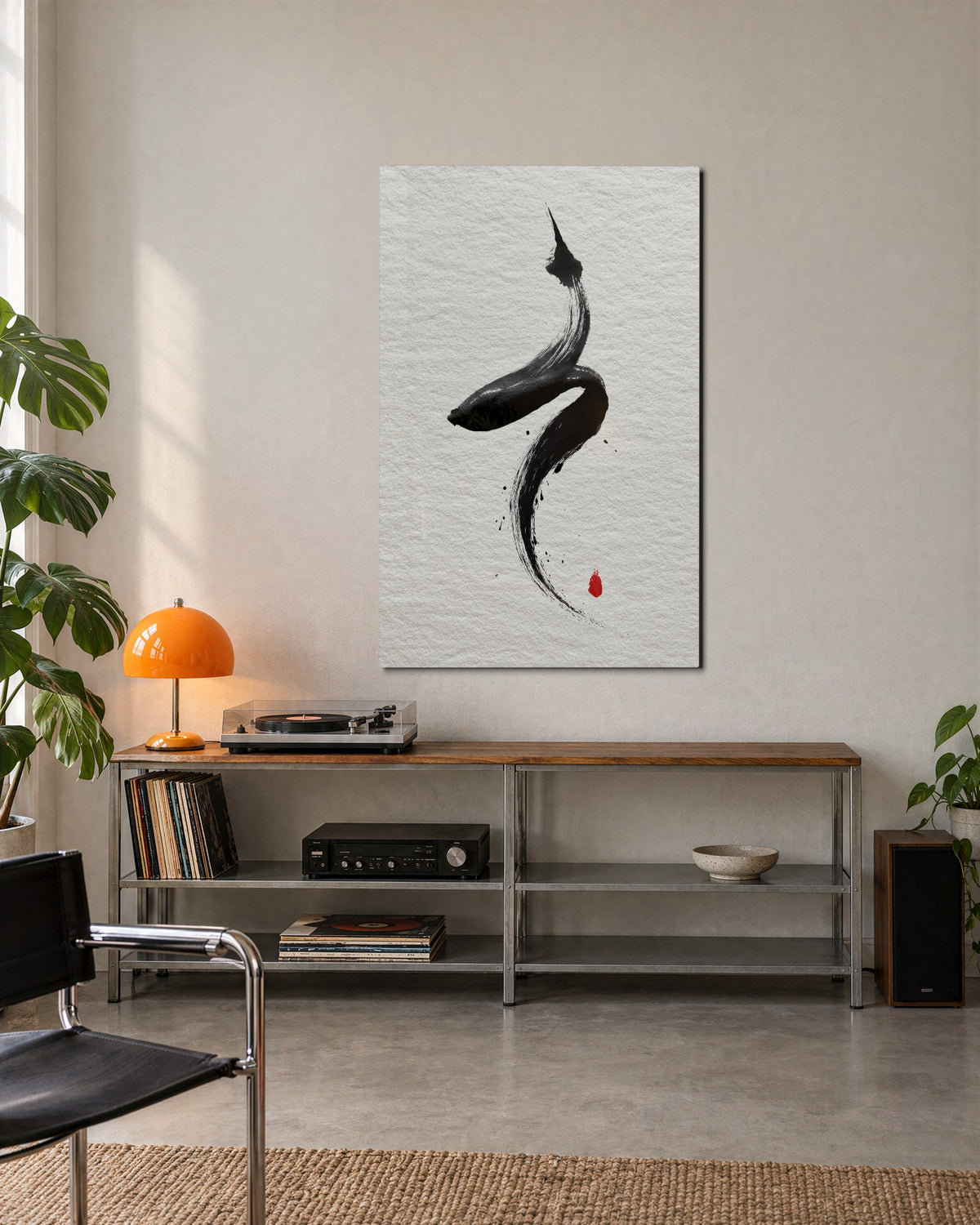 Single Ink Stroke glass wall art, lifestyle view