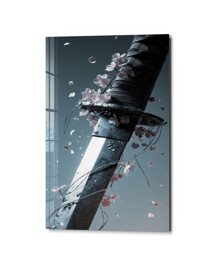 Sword and Falling Petals glass wall art, studio view