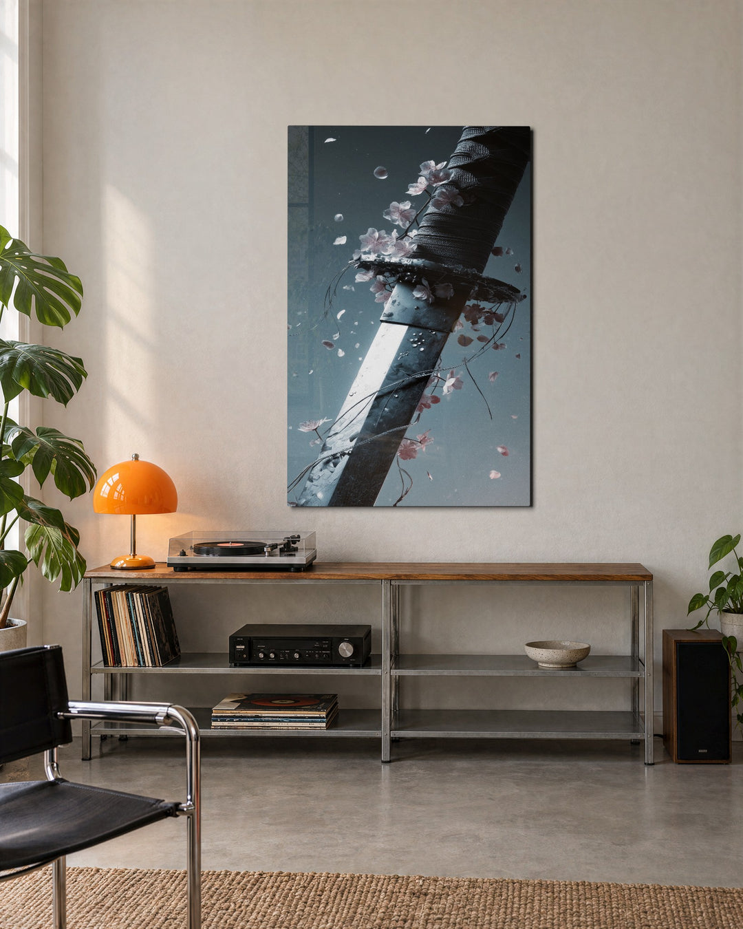 Sword and Falling Petals glass wall art, lifestyle view