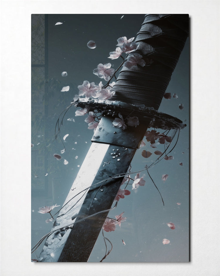 Sword and Falling Petals glass wall art, front view