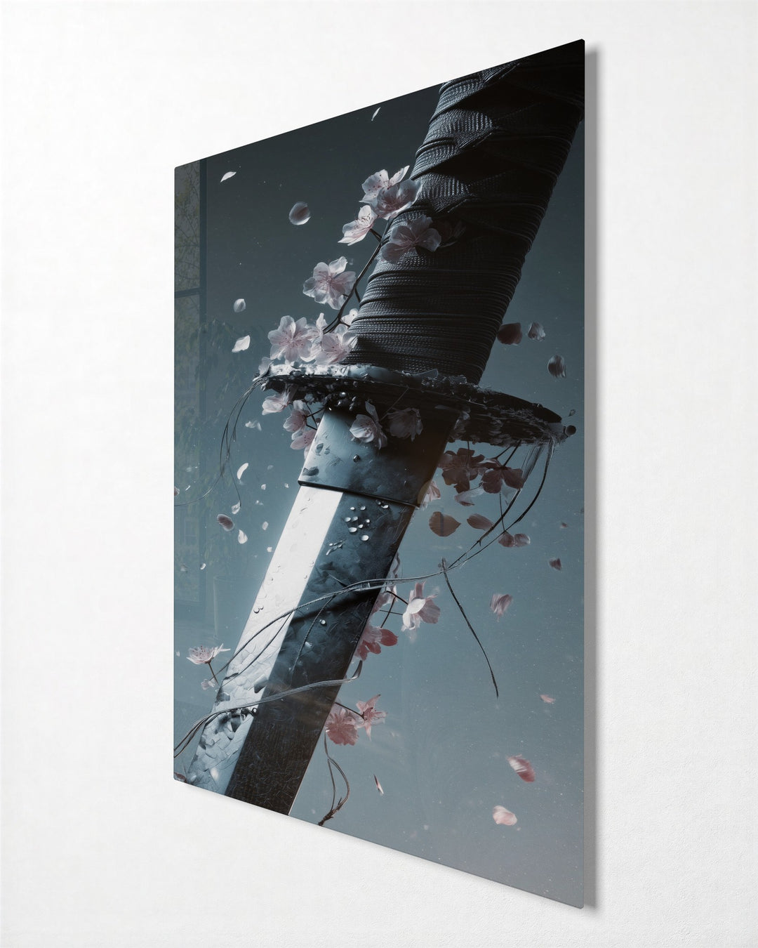 Sword and Falling Petals glass wall art, side view